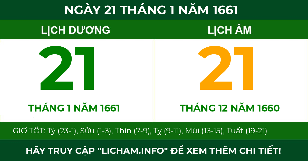 lịch âm ngày 21 tháng 1 năm 1661