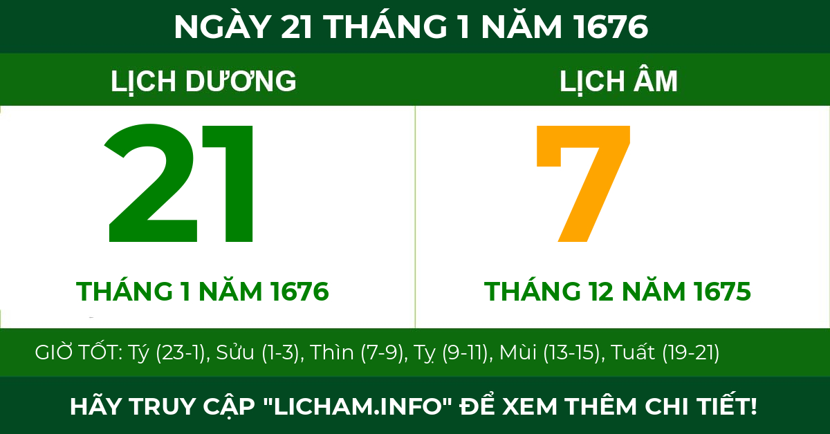 lịch âm ngày 21 tháng 1 năm 1676