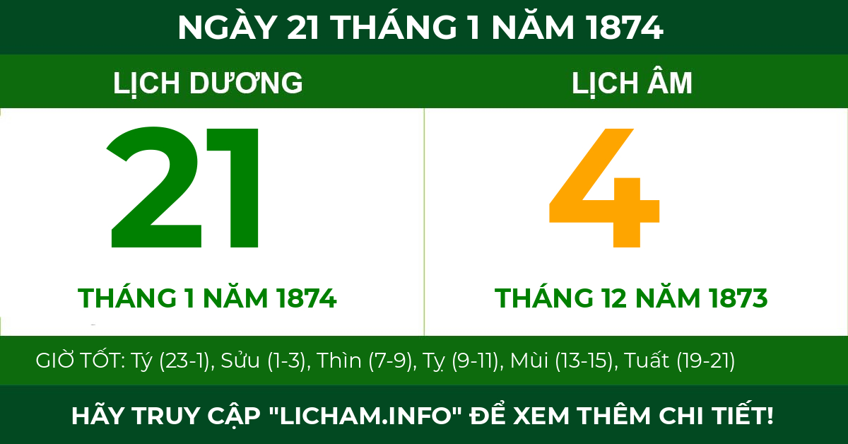 lịch âm ngày 21 tháng 1 năm 1874