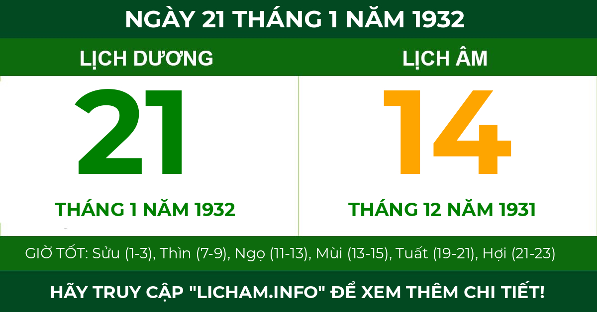 lịch âm ngày 21 tháng 1 năm 1932