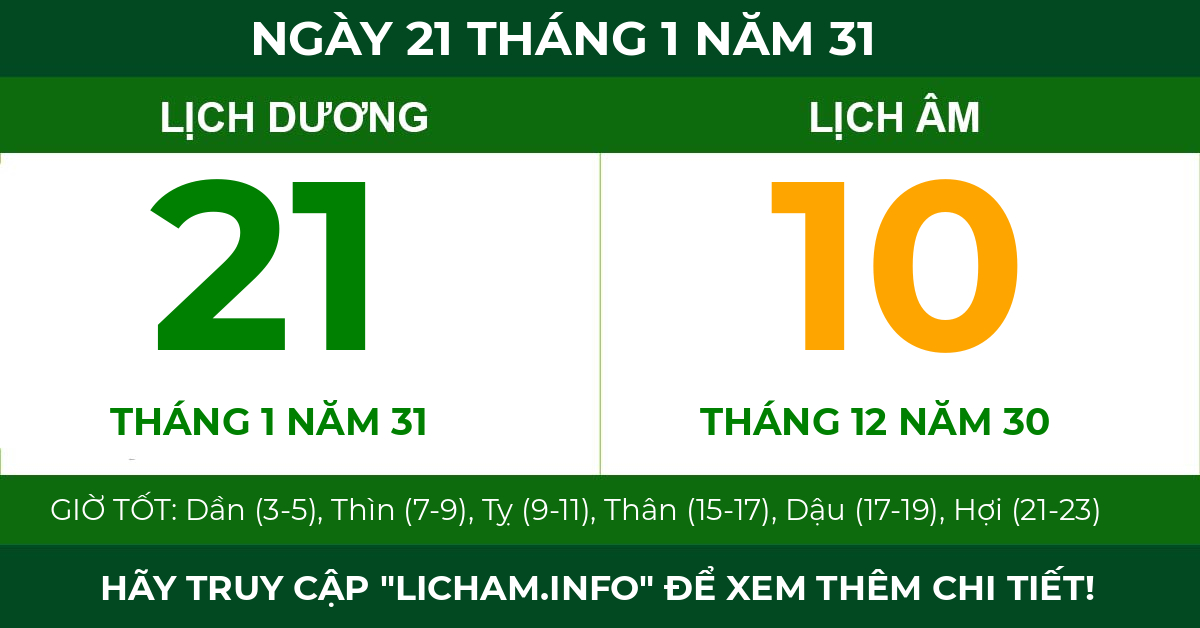 lịch âm ngày 21 tháng 1 năm 31