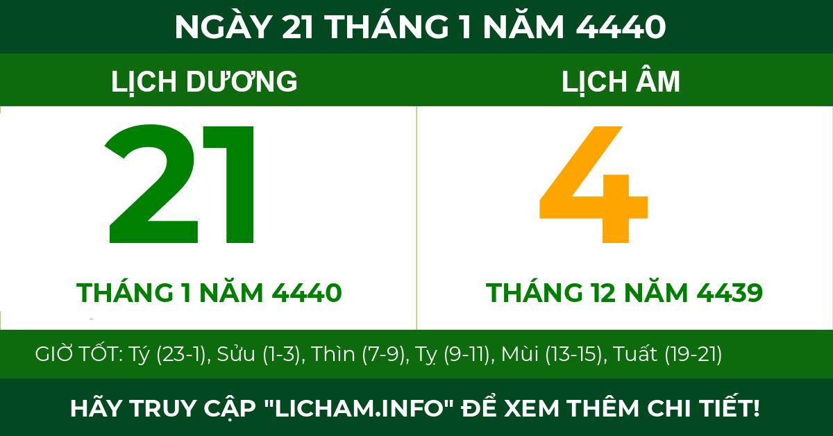 lịch âm ngày 21 tháng 1 năm 4440
