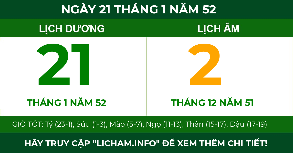 lịch âm ngày 21 tháng 1 năm 52