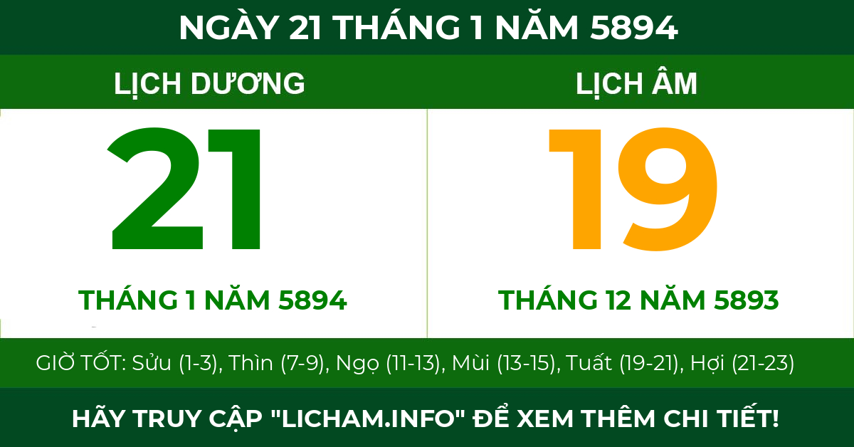 lịch âm ngày 21 tháng 1 năm 5894