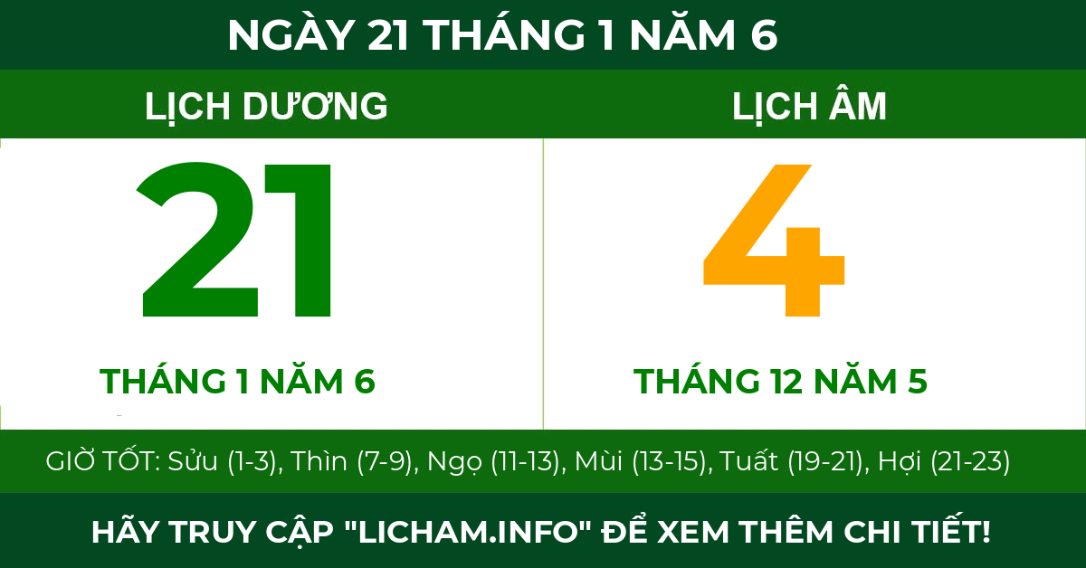 lịch âm ngày 21 tháng 1 năm 6
