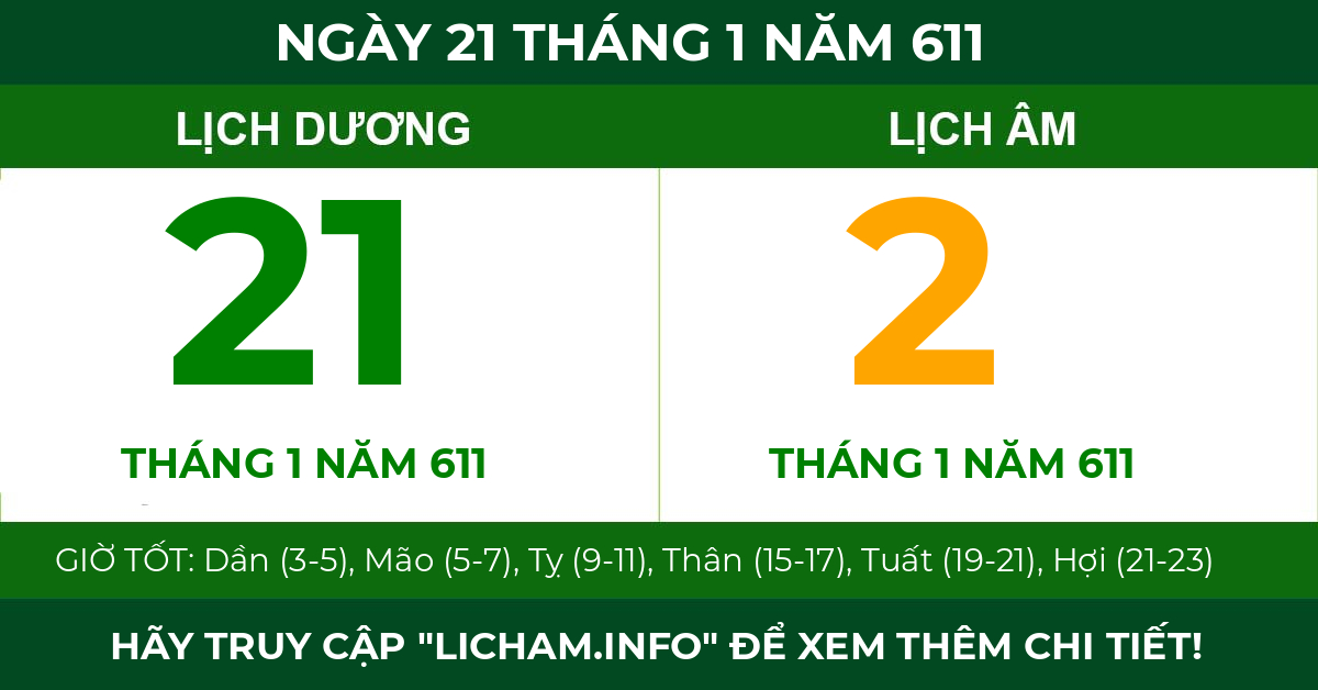 lịch âm ngày 21 tháng 1 năm 611