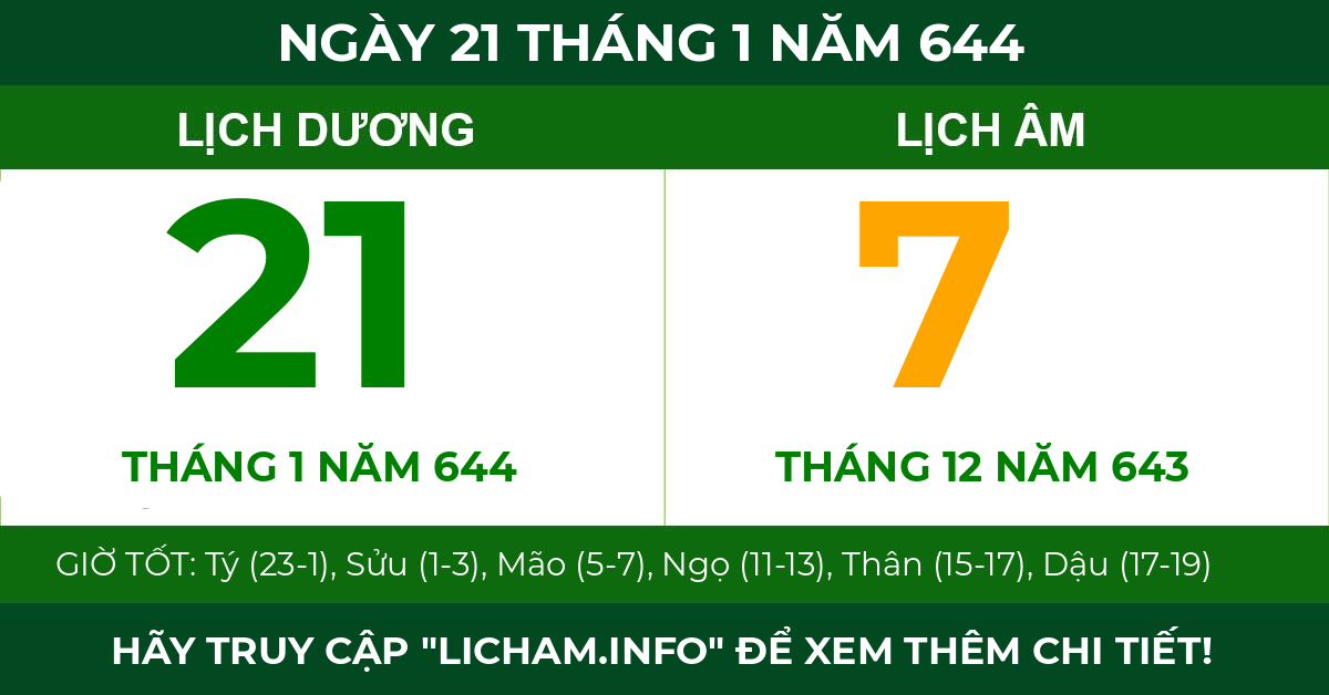 lịch âm ngày 21 tháng 1 năm 644