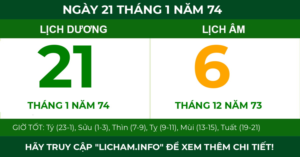 lịch âm ngày 21 tháng 1 năm 74