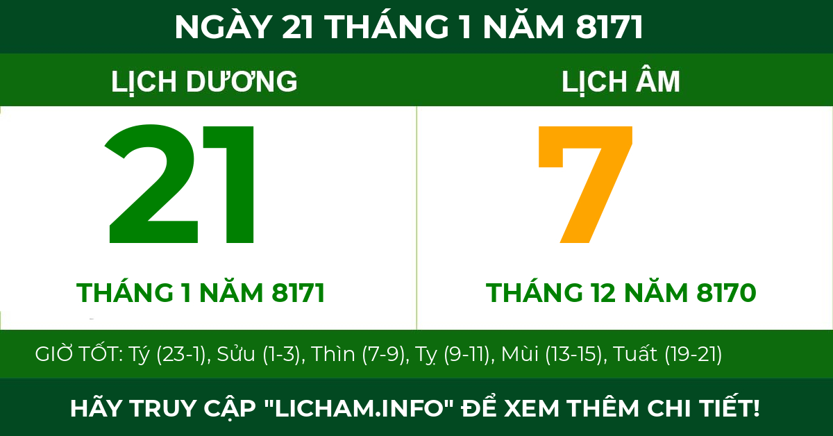 lịch âm ngày 21 tháng 1 năm 8171