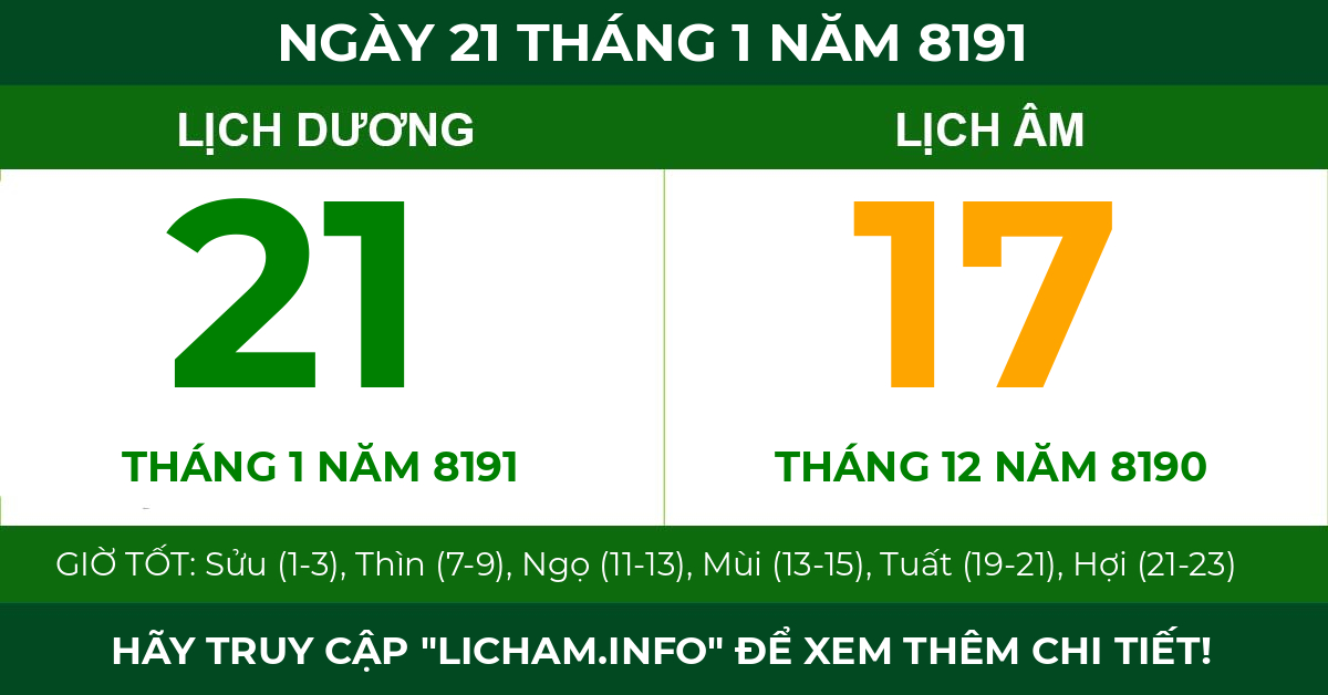 lịch âm ngày 21 tháng 1 năm 8191