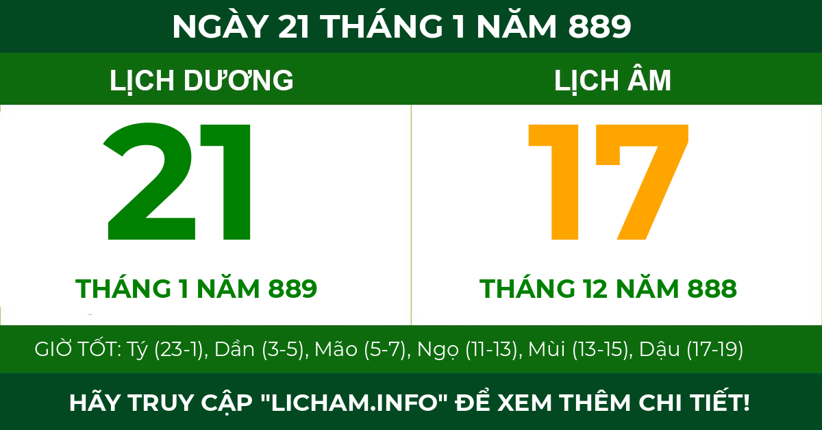 lịch âm ngày 21 tháng 1 năm 889