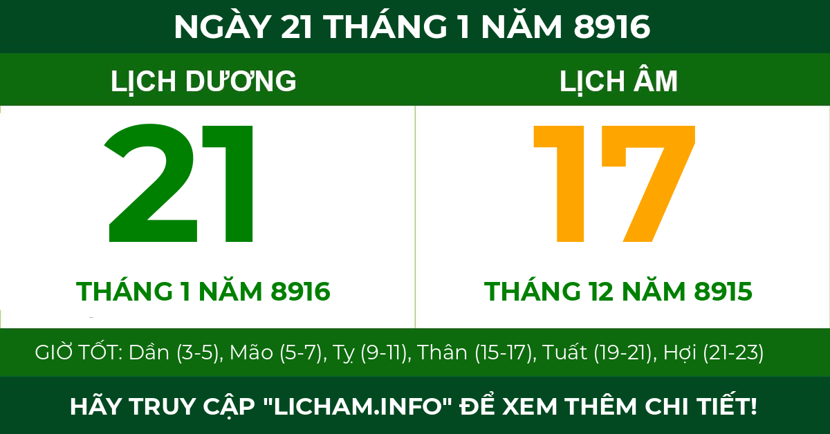lịch âm ngày 21 tháng 1 năm 8916