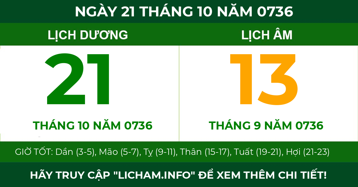 lịch âm ngày 21 tháng 10 năm 0736
