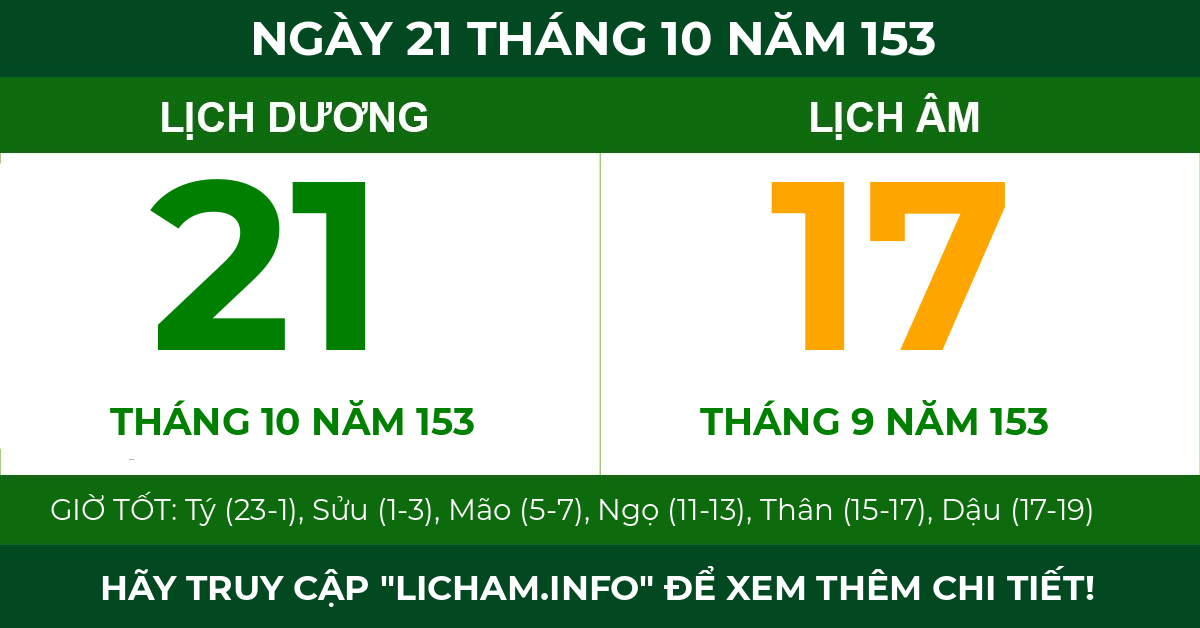 lịch âm ngày 21 tháng 10 năm 153