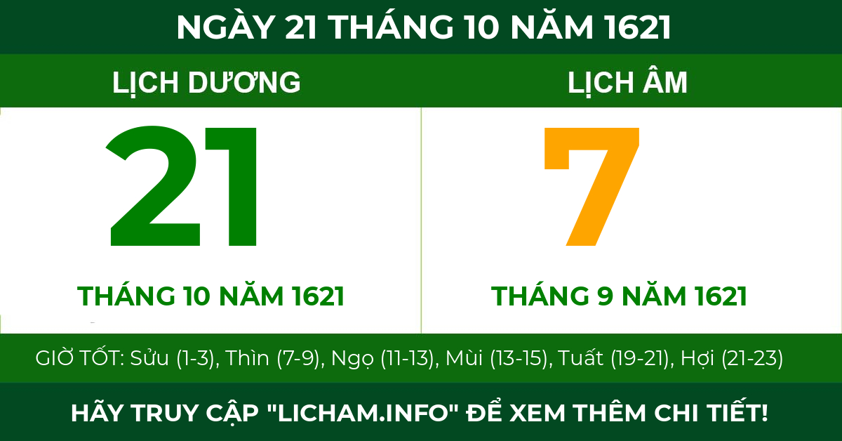 lịch âm ngày 21 tháng 10 năm 1621
