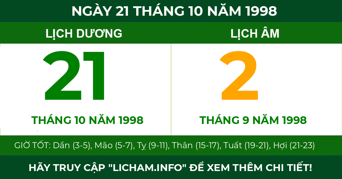 lịch âm ngày 21 tháng 10 năm 1998