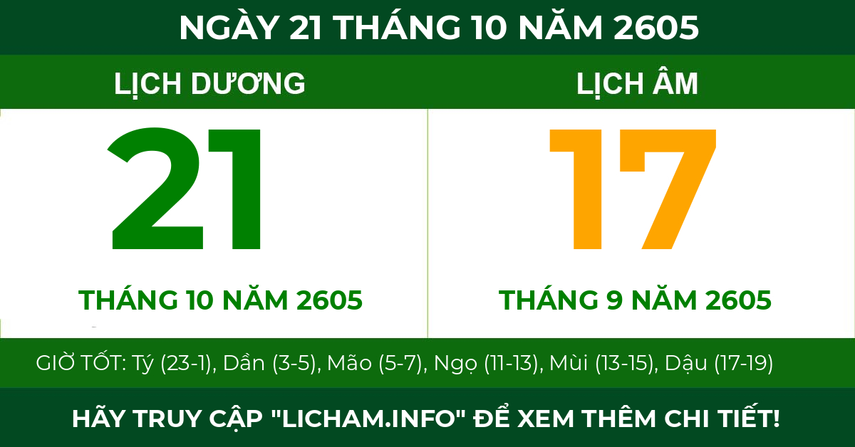 lịch âm ngày 21 tháng 10 năm 2605