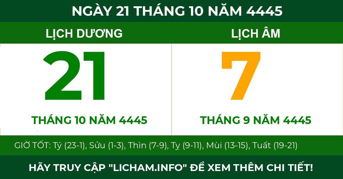 lịch âm ngày 21 tháng 10 năm 4445