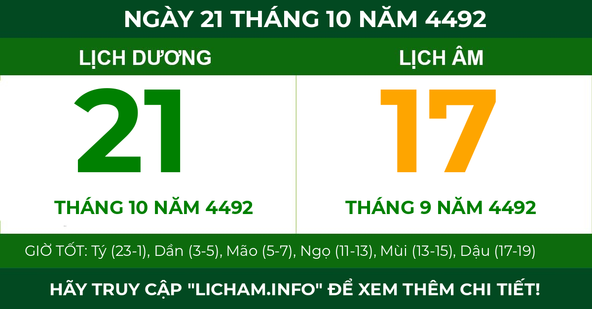 lịch âm ngày 21 tháng 10 năm 4492