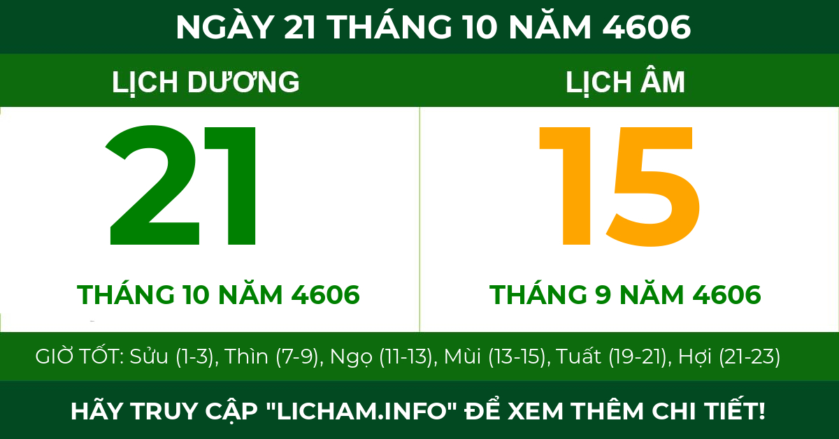 lịch âm ngày 21 tháng 10 năm 4606