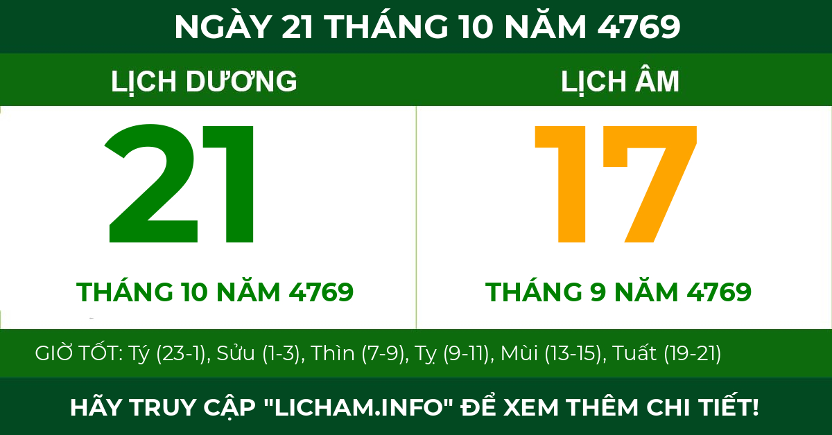 lịch âm ngày 21 tháng 10 năm 4769