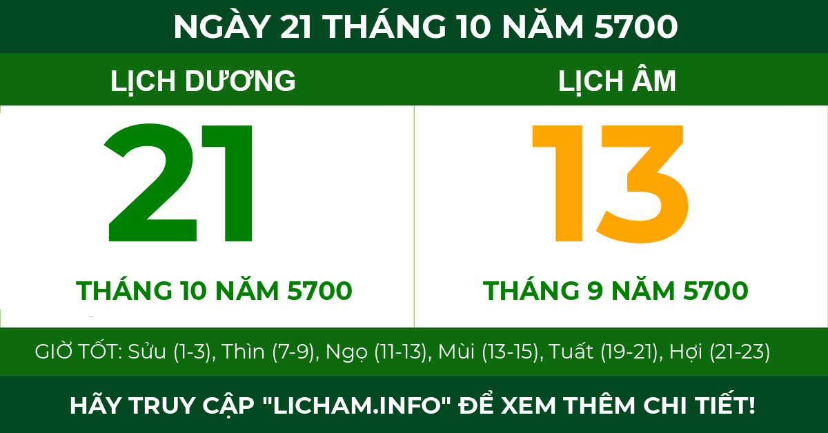 lịch âm ngày 21 tháng 10 năm 5700