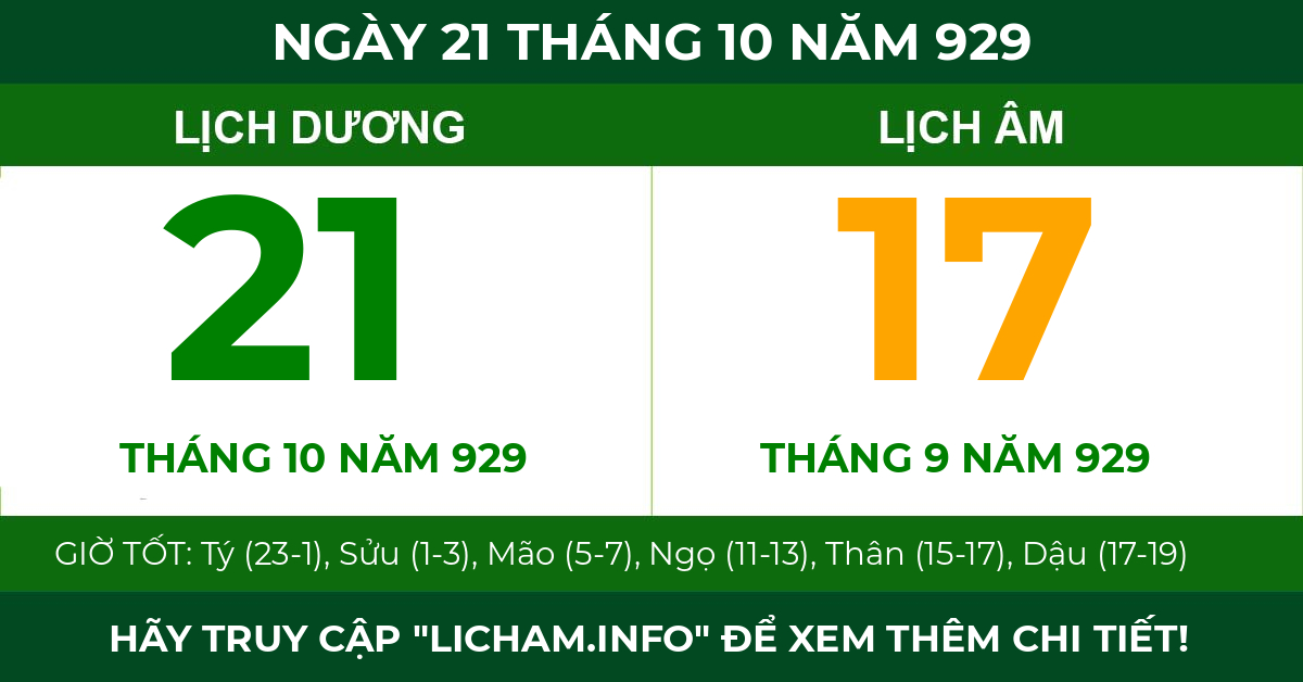 lịch âm ngày 21 tháng 10 năm 929
