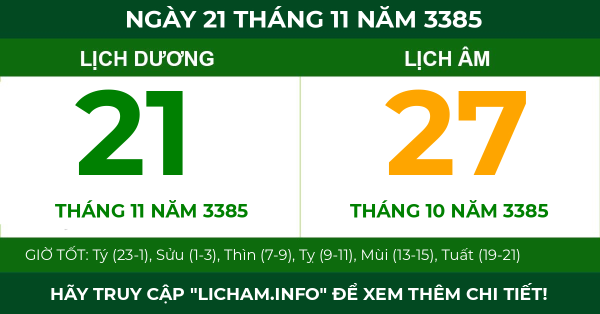 lịch âm ngày 21 tháng 11 năm 3385
