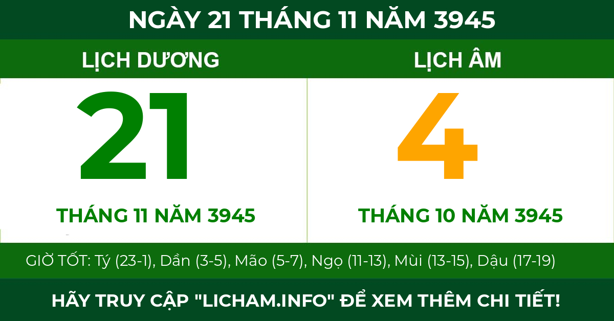 lịch âm ngày 21 tháng 11 năm 3945