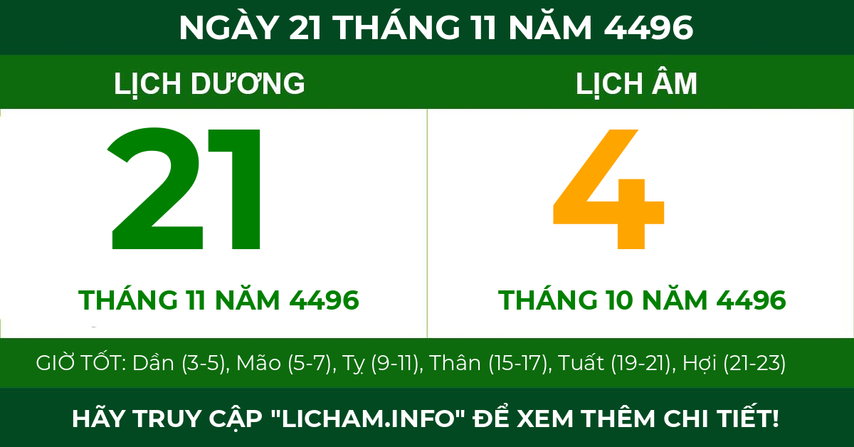 lịch âm ngày 21 tháng 11 năm 4496