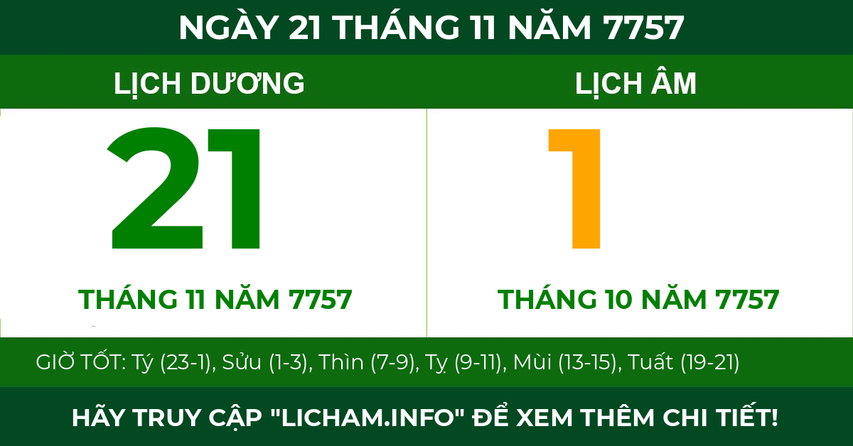 lịch âm ngày 21 tháng 11 năm 7757