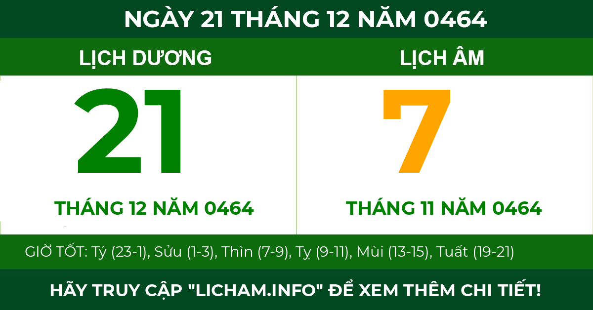 lịch âm ngày 21 tháng 12 năm 0464