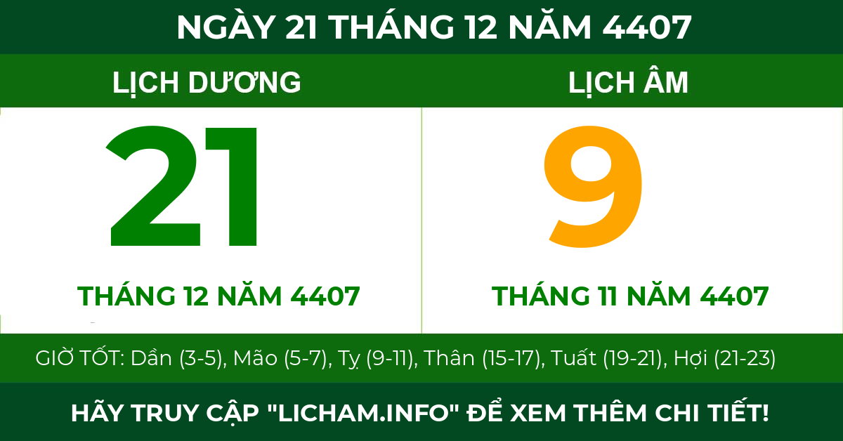 lịch âm ngày 21 tháng 12 năm 4407