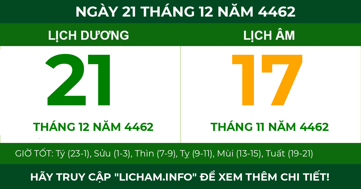 lịch âm ngày 21 tháng 12 năm 4462