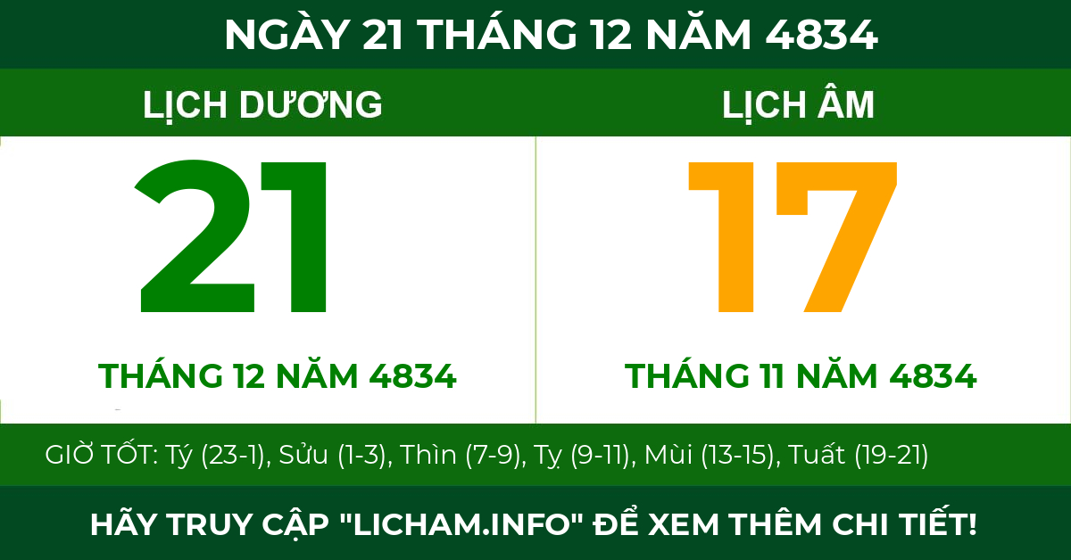 lịch âm ngày 21 tháng 12 năm 4834