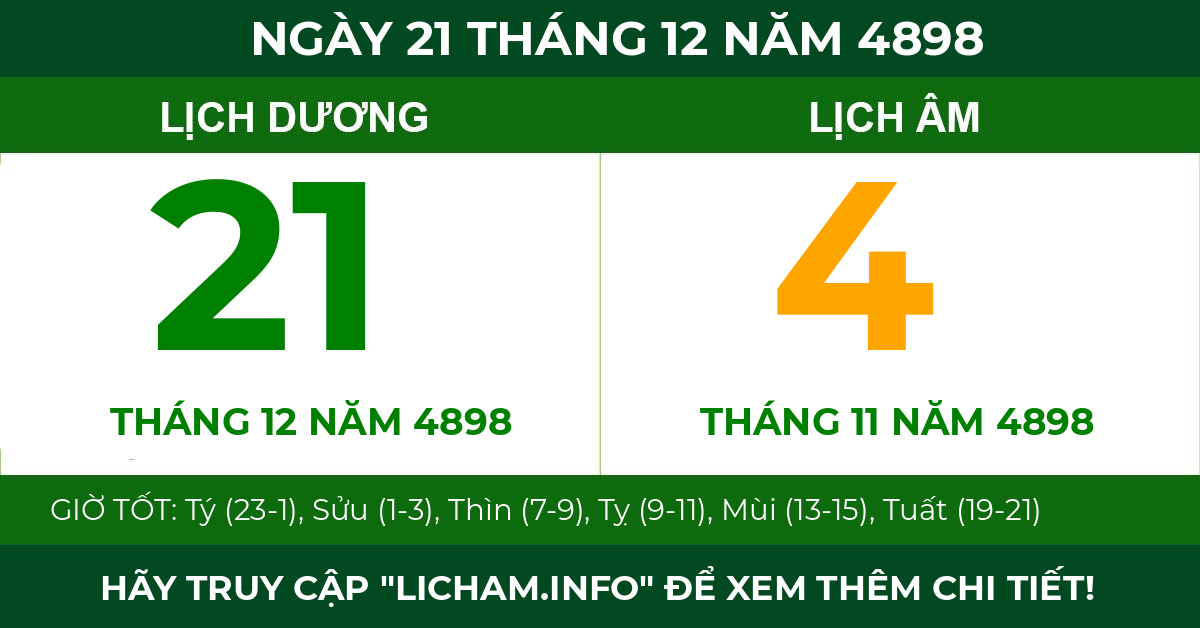 lịch âm ngày 21 tháng 12 năm 4898