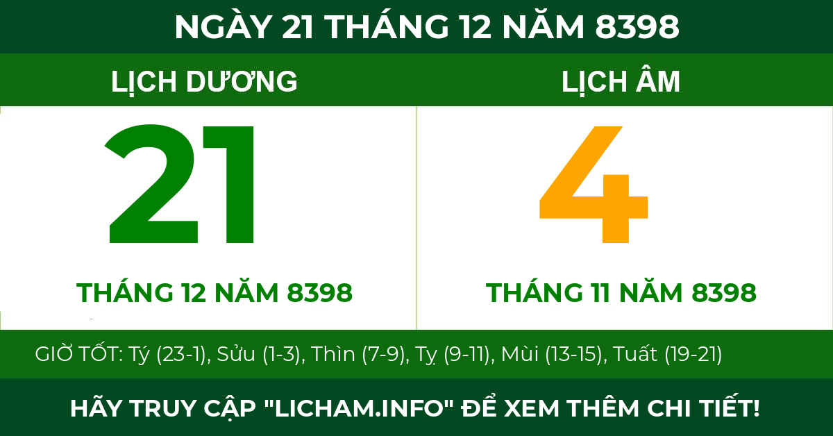 lịch âm ngày 21 tháng 12 năm 8398