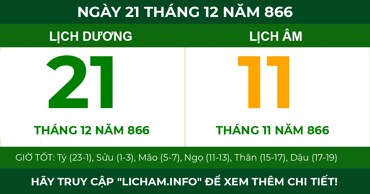 lịch âm ngày 21 tháng 12 năm 866