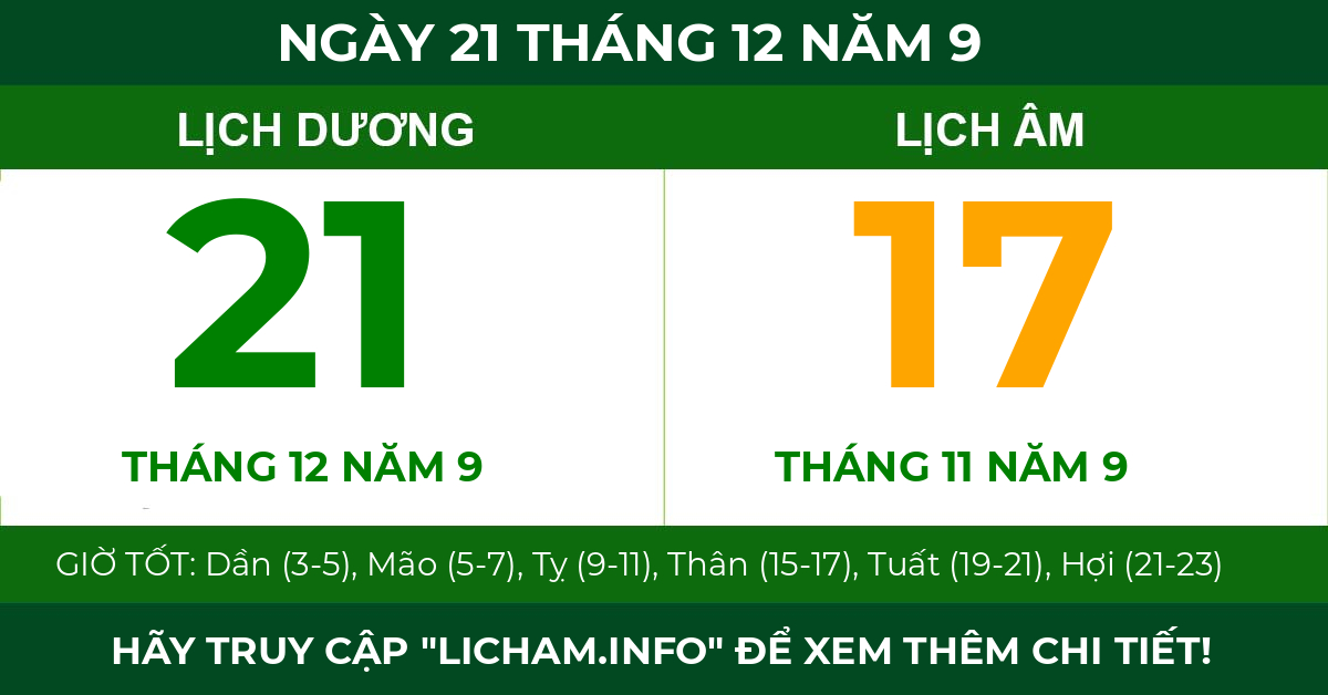 lịch âm ngày 21 tháng 12 năm 9