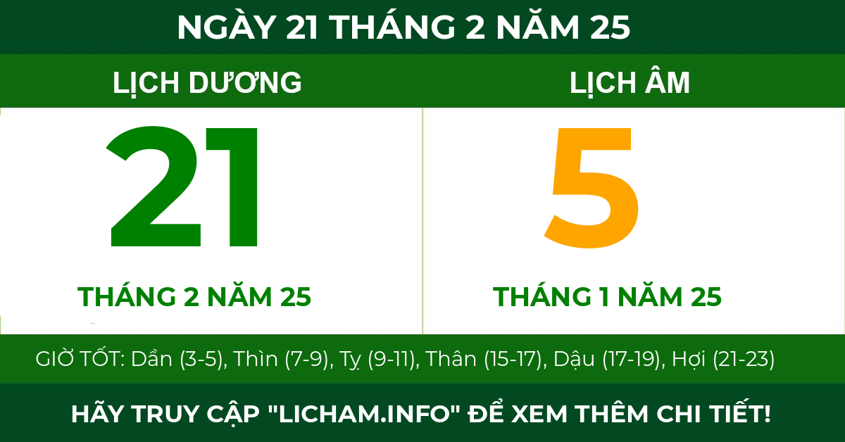 lịch âm ngày 21 tháng 2 năm 25
