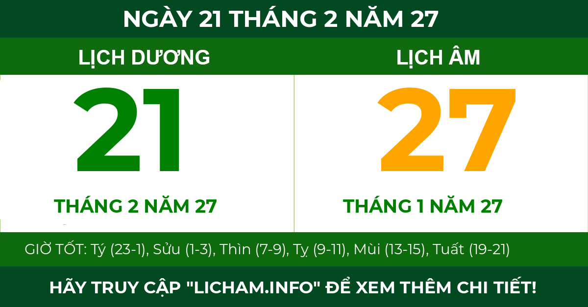 lịch âm ngày 21 tháng 2 năm 27