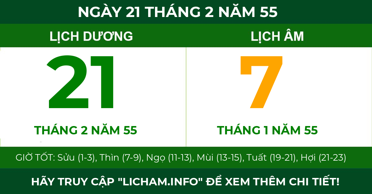 lịch âm ngày 21 tháng 2 năm 55