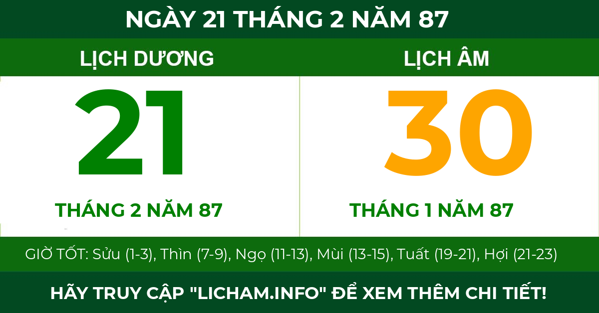 lịch âm ngày 21 tháng 2 năm 87