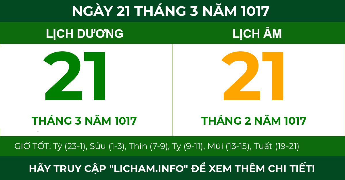 lịch âm ngày 21 tháng 3 năm 1017