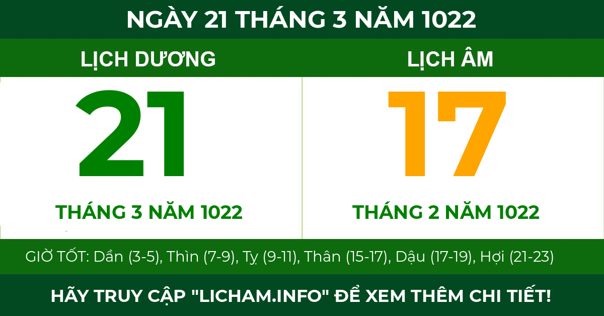 lịch âm ngày 21 tháng 3 năm 1022
