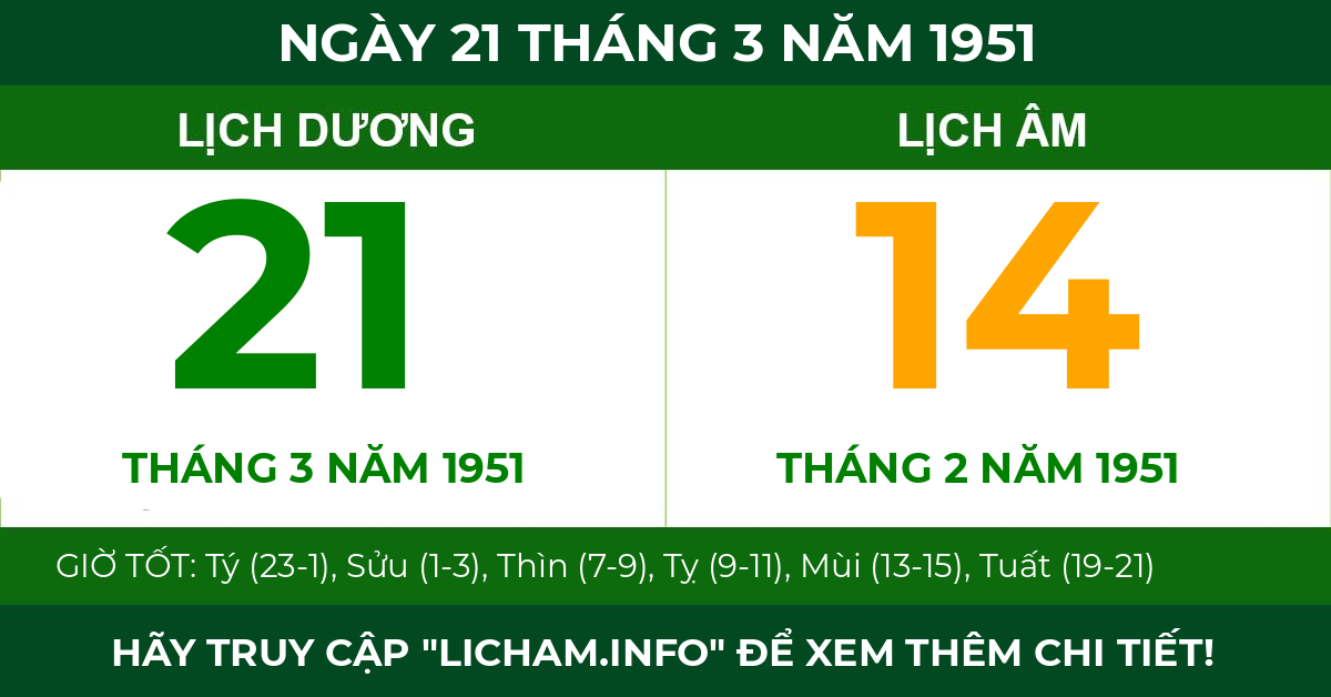 lịch âm ngày 21 tháng 3 năm 1951