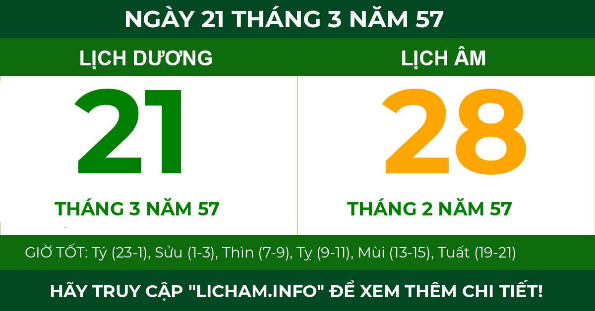 lịch âm ngày 21 tháng 3 năm 57