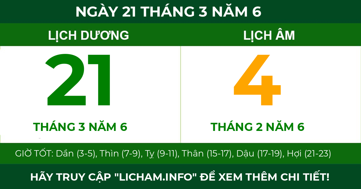 lịch âm ngày 21 tháng 3 năm 6