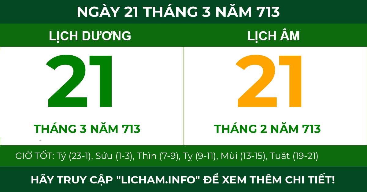 lịch âm ngày 21 tháng 3 năm 713