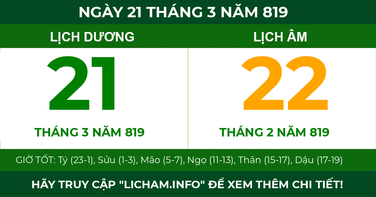 lịch âm ngày 21 tháng 3 năm 819